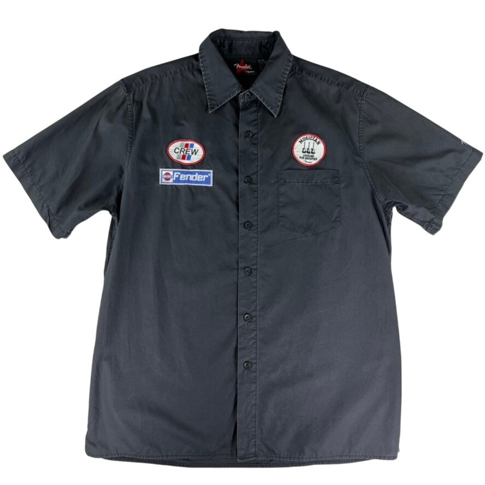 Fender The Collection By DaVinci Work Shirt Men's M Gray Crew Patch Guitar Rock